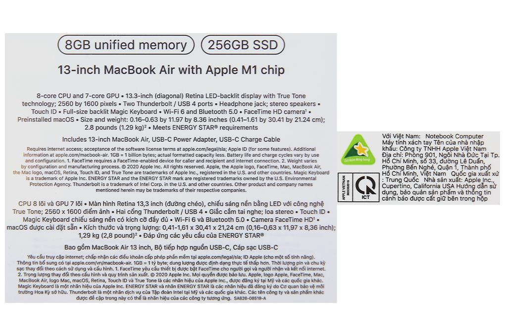 Laptop Apple MacBook Air 13 in M1 2020 8-core CPU 7-core GPU MGN63SA A 8G 256G Vàng đồng