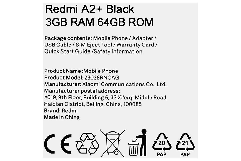ĐTDĐ XIAOMI REDMI A2+ 3G 64G ĐEN